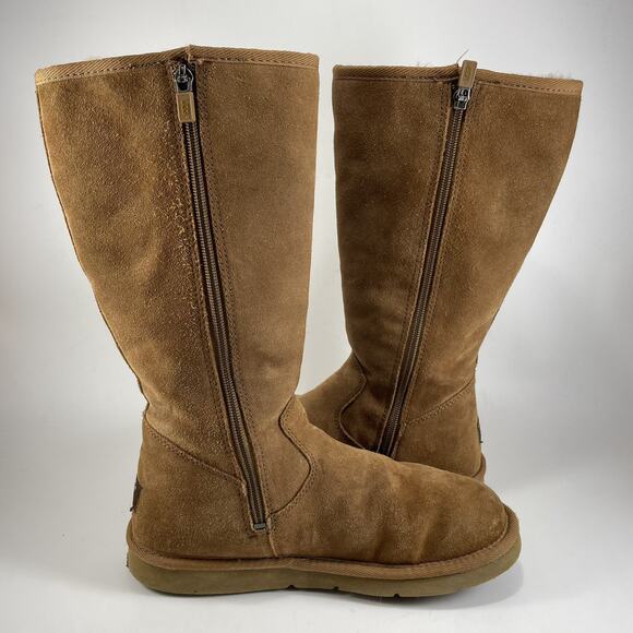 UGG 5235 Sunset Tall Tan Leather Shearling Lined Boots Womens Size 8 Chestnut - Picture 5 of 11